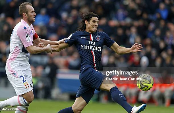 Olivier Sorlin of Evian and Edinson Cavani of PSG in action during the French Ligue 1 match between Paris Saint-Germain FC and Evian Thonon Gaillard...