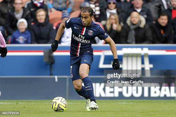 Lucas Moura of PSG in action during the French Ligue 1 match between Paris Saint-Germain FC and Evian Thonon Gaillard FC at Parc des Princes stadium...