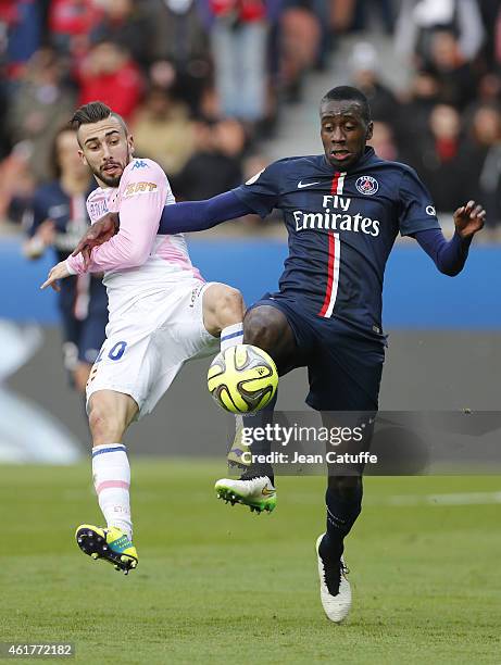 Nicolas Benezet of Evian and Blaise Matuidi of PSG in action during the French Ligue 1 match between Paris Saint-Germain FC and Evian Thonon Gaillard...