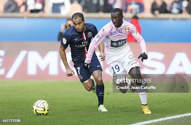 Lucas Moura of PSG and Youssouf Sabaly of Evian in action during the French Ligue 1 match between Paris Saint-Germain FC and Evian Thonon Gaillard FC...