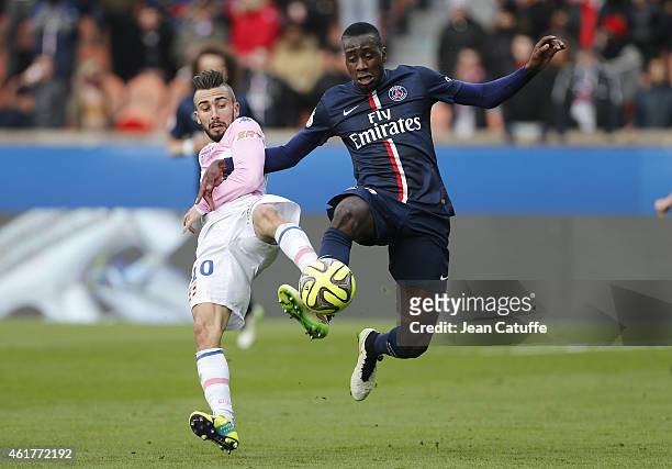 Nicolas Benezet of Evian and Blaise Matuidi of PSG in action during the French Ligue 1 match between Paris Saint-Germain FC and Evian Thonon Gaillard...