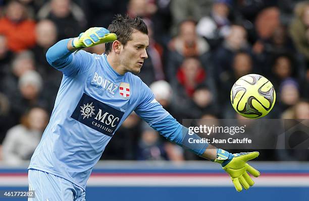 Goalkeeper of Evian Benjamin Leroy in action during the French Ligue 1 match between Paris Saint-Germain FC and Evian Thonon Gaillard FC at Parc des...