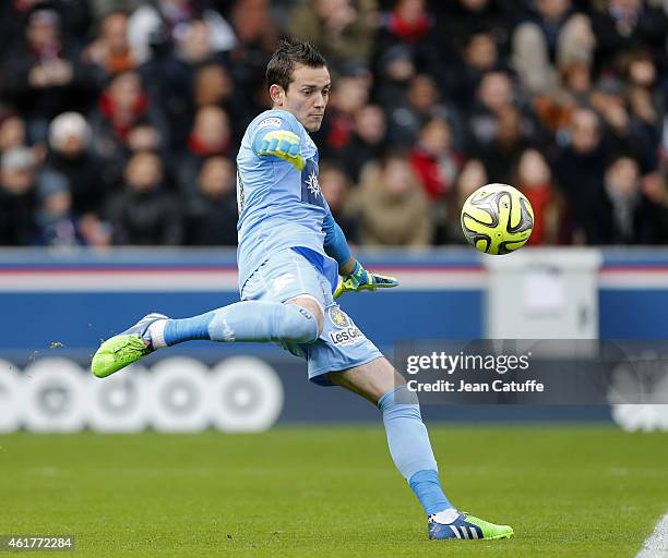 Goalkeeper of Evian Benjamin Leroy in action during the French Ligue 1 match between Paris Saint-Germain FC and Evian Thonon Gaillard FC at Parc des...