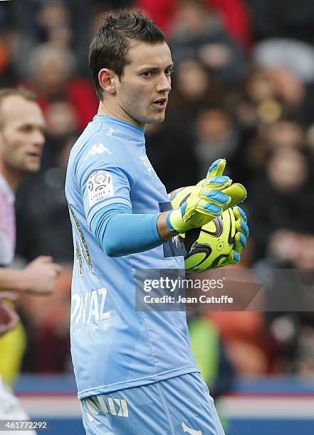 Goalkeeper of Evian Benjamin Leroy in action during the French Ligue 1 match between Paris Saint-Germain FC and Evian Thonon Gaillard FC at Parc des...