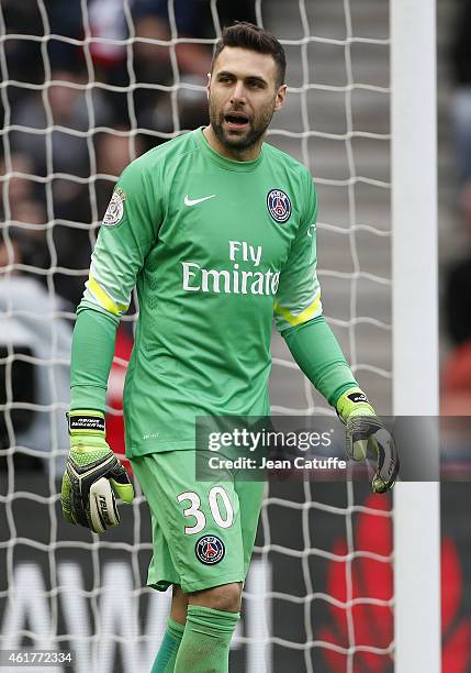 Goalkeeper of PSG Salvatore Sirigu in action during the French Ligue 1 match between Paris Saint-Germain FC and Evian Thonon Gaillard FC at Parc des...