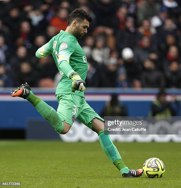 Goalkeeper of PSG Salvatore Sirigu in action during the French Ligue 1 match between Paris Saint-Germain FC and Evian Thonon Gaillard FC at Parc des...