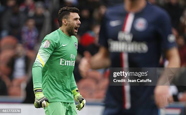 Goalkeeper of PSG Salvatore Sirigu in action during the French Ligue 1 match between Paris Saint-Germain FC and Evian Thonon Gaillard FC at Parc des...