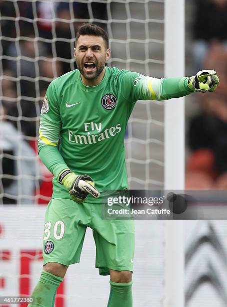 Goalkeeper of PSG Salvatore Sirigu in action during the French Ligue 1 match between Paris Saint-Germain FC and Evian Thonon Gaillard FC at Parc des...