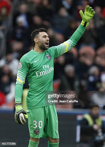 Goalkeeper of PSG Salvatore Sirigu in action during the French Ligue 1 match between Paris Saint-Germain FC and Evian Thonon Gaillard FC at Parc des...