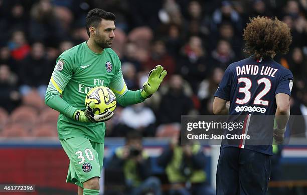 Goalkeeper of PSG Salvatore Sirigu in action during the French Ligue 1 match between Paris Saint-Germain FC and Evian Thonon Gaillard FC at Parc des...