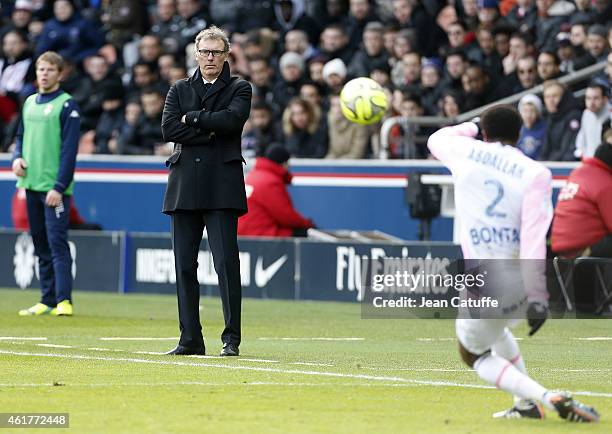 Head coach of PSG Laurent Blanc looks on during the French Ligue 1 match between Paris Saint-Germain FC and Evian Thonon Gaillard FC at Parc des...