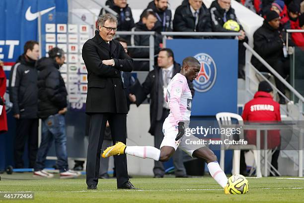 Head coach of PSG Laurent Blanc smiles during the French Ligue 1 match between Paris Saint-Germain FC and Evian Thonon Gaillard FC at Parc des...