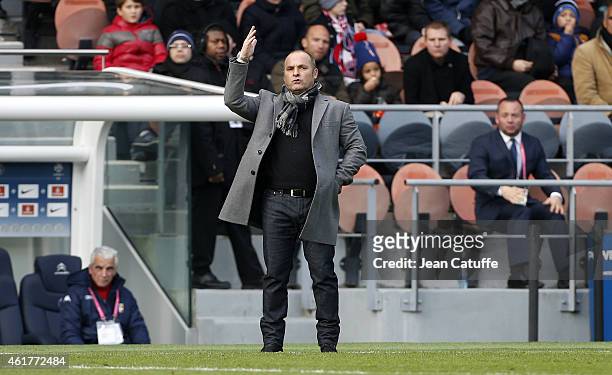 Head coach of Evian Pascal Dupraz reacts during the French Ligue 1 match between Paris Saint-Germain FC and Evian Thonon Gaillard FC at Parc des...