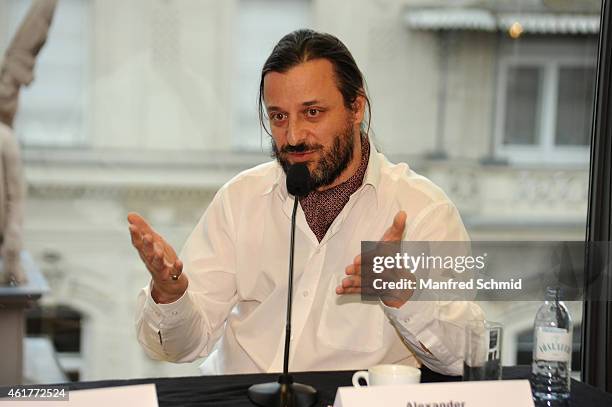 Producer Alexander Dumreicher-Ivaneceanu speaks to the audience during the 'Casanova Variations' press conference at Ronacher Theater on January 19,...