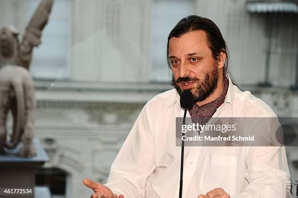 Producer Alexander Dumreicher-Ivaneceanu speaks to the audience during the 'Casanova Variations' press conference at Ronacher Theater on January 19,...