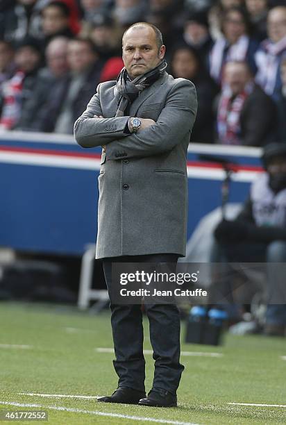 Head coach of Evian Pascal Dupraz looks on during the French Ligue 1 match between Paris Saint-Germain FC and Evian Thonon Gaillard FC at Parc des...