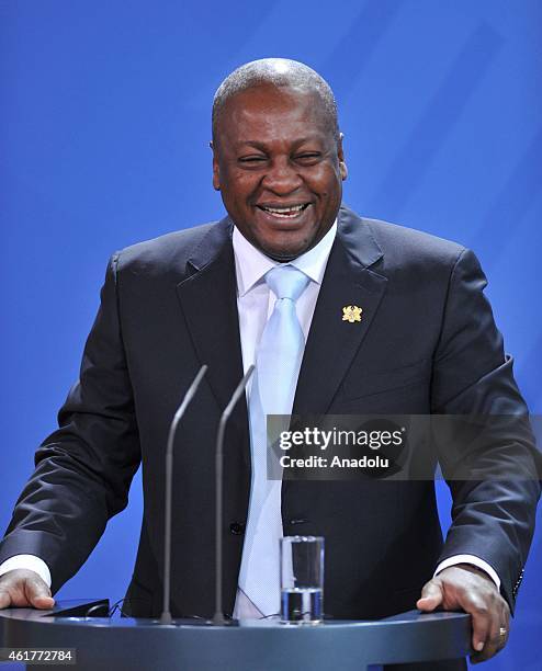 Ghana President John Dramani Mahama delivers a speech during a joint press conference with German Chancellor Angela Merkel at the Chancellery on...