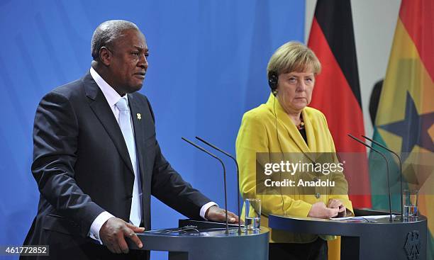 Ghana President John Dramani Mahama delivers a speech during a joint press conference with German Chancellor Angela Merkel at the Chancellery on...