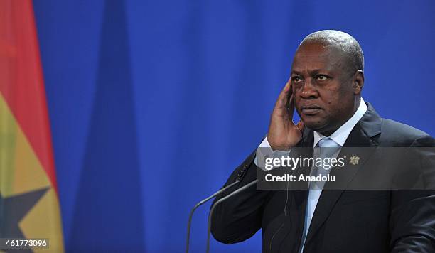 Ghana President John Dramani Mahama is seen during a joint press conference with German Chancellor Angela Merkel at the Chancellery on January 19,...