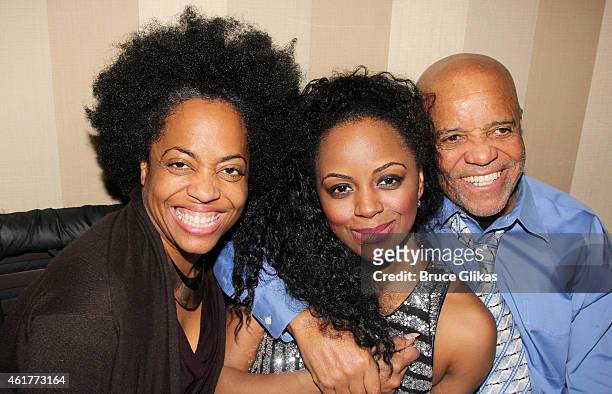 Rhonda Ross , Krystal Joy Brown who played "Diana Ross" and producer and playwright Berry Gordy pose at the closing night celebration for "Motown The...