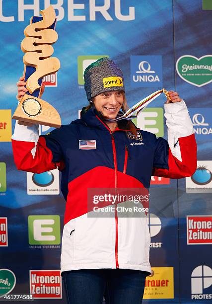 Gold medallist Hannah Kearney of USA poses during the medal ceremony for the Women's Dual Moguls Final of the FIS Freestyle Ski and Snowboard World...