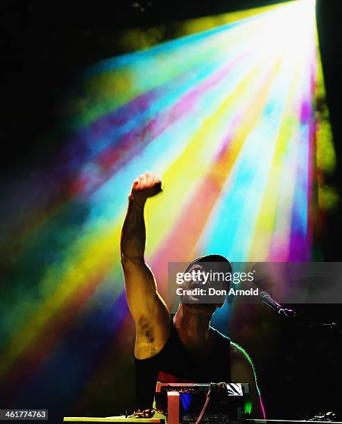 Is seen performing prior to Chaka Khan's performance live at Sydney Festival 2014 at The Domain on January 11, 2014 in Sydney, Australia.