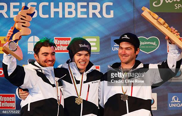 Gold medallist Mikael Kingsbury of Canada poses with silver medallist Philippe Marquis of Canada and bronze medallist Marc-Antoine Gagnon of Canada...