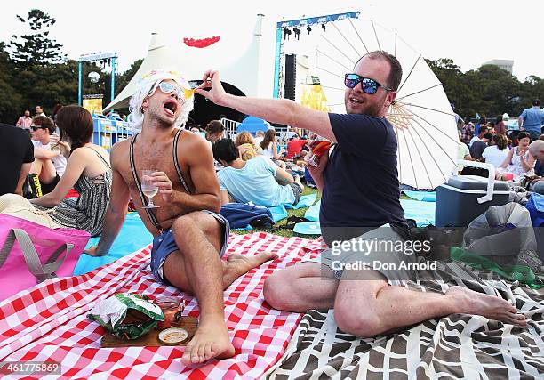 John Quertermous and Tim Millgate enjoy the atmosphere prior to Chaka Khan's live performance at Sydney Festival 2014 at The Domain on January 11,...