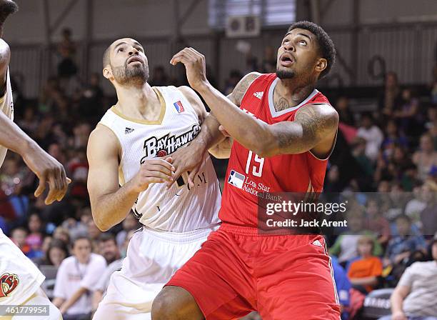 Glen Rice Jr. #19 of the Rio Grande Valley Vipers fights for position against Drew Crawford of the Erie Bayhawks during the 2015 NBA D-League...