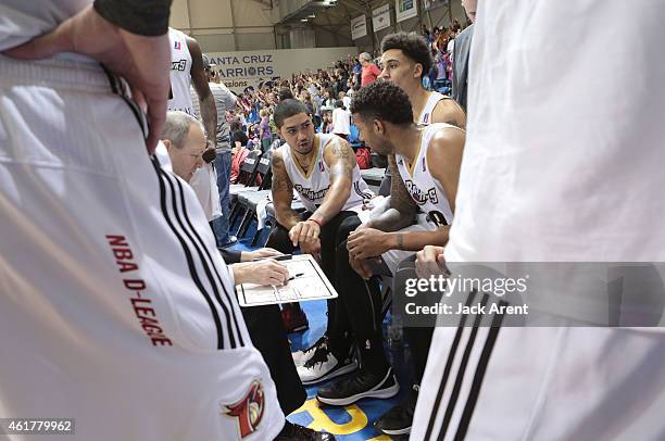 Peyton Siva of the Erie Bayhawks reacts during a timeout while against the Rio Grande Valley Vipers during the 2015 NBA D-League Showcase presented...