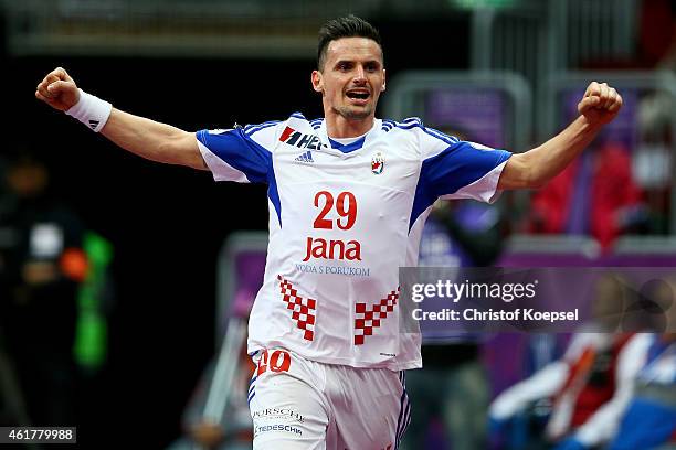 Ivan Nincevic of Croatia celebrates a goal during the IHF Men's Handball World Championship group B match between Croatia and Iran at Duhail Handball...