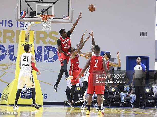 Clint Capela of the Rio Grande Valley Vipers blocks the ball against the Erie Bayhawks during the 2015 NBA D-League Showcase presented by SAMSUNG on...