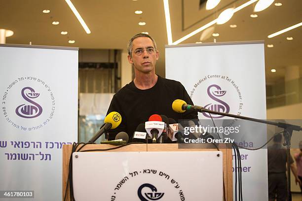 Gilad Sharon, the son of former PM Ariel Sharon, speaks at Tel Hashomer hospital after the hospital announced the death of Ariel Sharon on January...