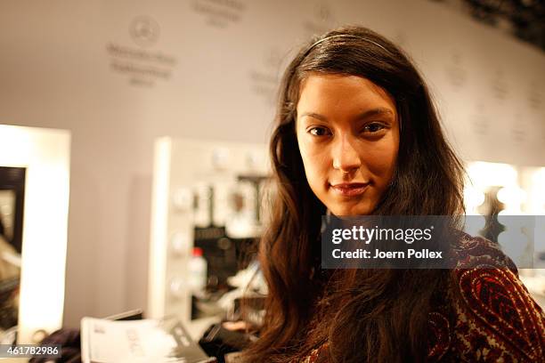 Model Rebecca Mir is seen backstage ahead of the Laurel show during the Mercedes-Benz Fashion Week Berlin Autumn/Winter 2015/16 at Brandenburg Gate...