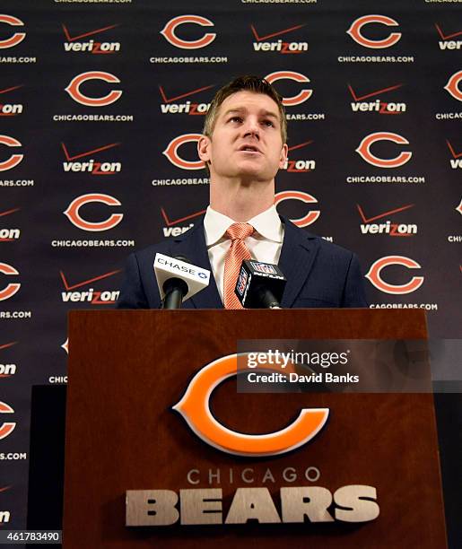 Chicago Bears general manager Ryan Pace introduces new head coach John Fox on January 19, 2015 at Halas Hall in Lake Forest, Illinois.