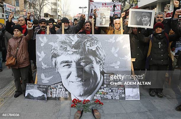 People take part in a demonstration calling for justice over the murder of Turkish-Armenian journalist Hrant Dink on January 19, 2015 in Ankara. Dink...