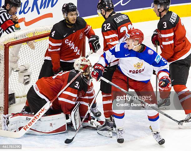 Vladislav Kamenev of Russia celebrates a goal against Canada during the Gold medal game of the 2015 IIHF World Junior Championship on January 05,...