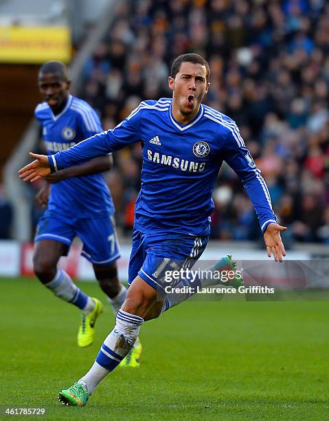 Eden Hazard of Chelsea celebrates scoring their first goal during the Barclays Premier League match between Hull City and Chelsea at KC Stadium on...