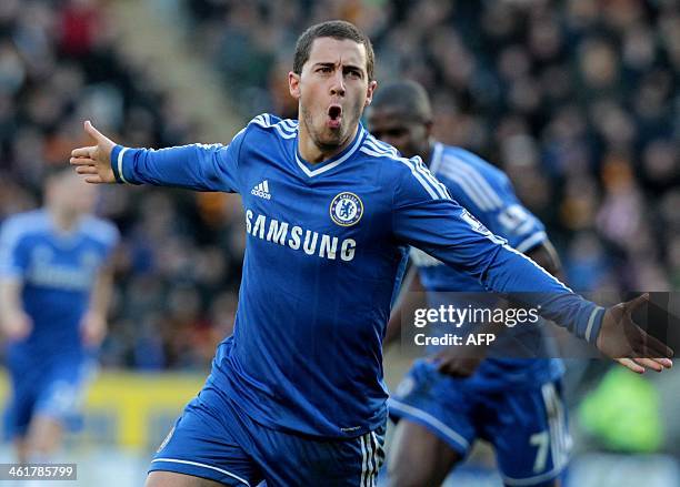 Chelsea's Belgian midfielder Eden Hazard celebrates scoring the opening goal during the English Premier League football match between Hull City and...