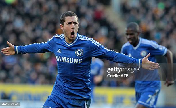 Chelsea's Belgian midfielder Eden Hazard celebrates scoring the opening goal of the English Premier League football match between Hull City and...