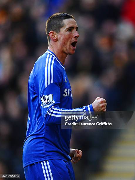 Fernando Torres of Chelsea celebrates scoring their second goal during the Barclays Premier League match between Hull City and Chelsea at KC Stadium...