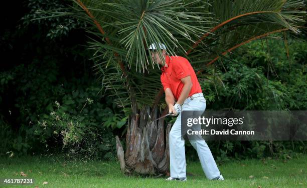 Tommy Fleetwood of England plays his second shot on the par 5, 14th hole from under a palm bush during the third round of the 2014 Volvo Golf...