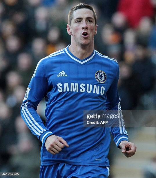 Chelsea's Spanish striker Fernando Torres celebrates scoring their second goal during the English Premier League football match between Hull City and...