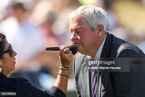 Ian Smith, Sky TV commentator and former New Zealand cricketer has make up applied during the One Day International match between New Zealand and Sri...