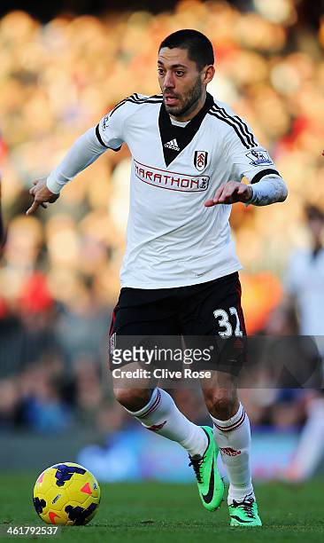 Clint Dempsey of Fulham runs with the ball during the Barclays Premier League match between Fulham and Sunderland at Craven Cottage on January 11,...