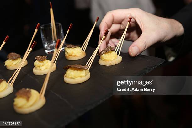 Waiter serves food during the 'Mario Testino: In Your Face' private view vernissage at Kunstbibliothek on January 19, 2015 in Berlin, Germany.