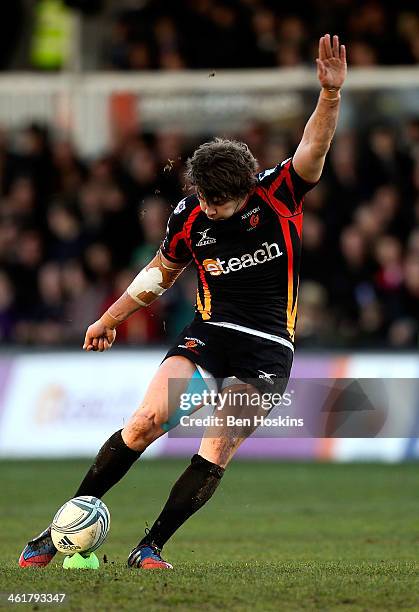 Steffan Jones of Newport kicks a penalty during the Amlin Challenge Cup match between Newport Gwent Dragons and Bath at Rodney Parade on January 11,...