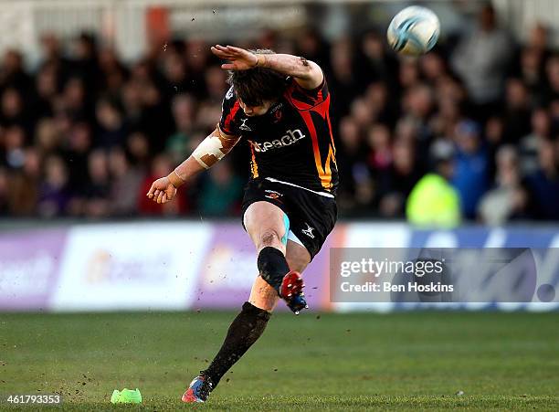 Steffan Jones of Newport kicks a penalty during the Amlin Challenge Cup match between Newport Gwent Dragons and Bath at Rodney Parade on January 11,...