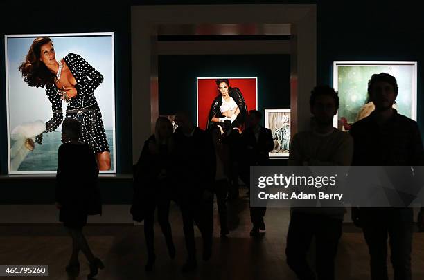 Visitors attend the 'Mario Testino: In Your Face' private view vernissage at Kunstbibliothek on January 19, 2015 in Berlin, Germany.