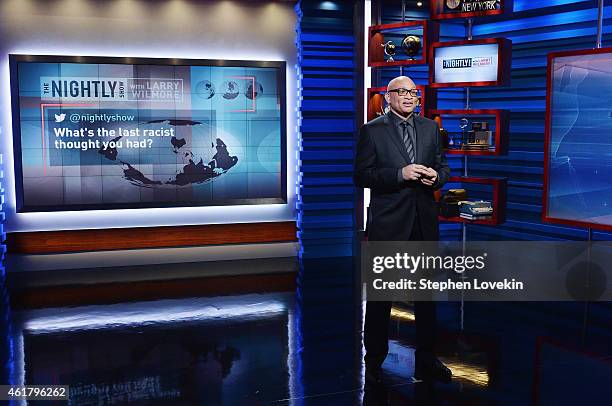 Host Larry Wilmore appears on the debut episode of Comedy Central's "The Nightly Show with Larry Wilmore" at The Nightly Show Studios on January 19,...